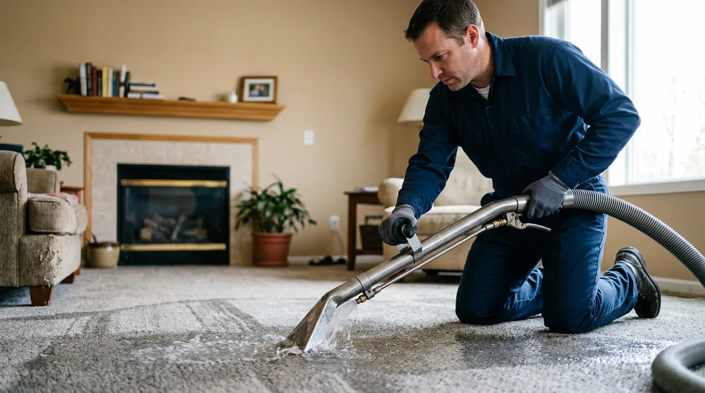 Water damage restoration technician working near Akron, OH